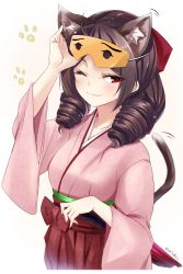 Rule 34 | 1girl, animal ears, bow, brown hair, cat ears, cat tail, closed umbrella, commentary request, cowboy shot, drill hair, hair bow, hakama, hakama skirt, harukaze (kancolle), highres, japanese clothes, kantai collection, kimono, lzd, mask, meiji schoolgirl uniform, oil-paper umbrella, one-hour drawing challenge, one eye closed, paw print, pink kimono, red bow, red eyes, red hakama, skirt, smile, solo, tail, twin drills, umbrella