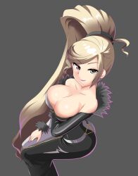 Rule 34 | 1girl, absurdres, blonde hair, breasts, cleavage, dress, fur trim, grey background, heterochromia, high ponytail, highres, hilda (under night in-birth), large breasts, lipstick, long dress, long hair, looking at viewer, makeup, multicolored clothes, multicolored dress, ponytail, serikamo, simple background, smile, solo, swept bangs, under night in-birth, upper body, very long hair