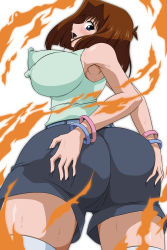 Rule 34 | 1girl, absurdres, artist request, ass, ass grab, bare shoulders, blue eyes, blush, bracelet, breasts, brown hair, deep skin, fire, from behind, from below, highres, huge ass, huge breasts, jewelry, looking at viewer, looking back, looking down, mazaki anzu, open mouth, red wolf, shiny skin, short hair, short shorts, shorts, sideboob, solo, sweat, thighhighs, yu-gi-oh!, yu-gi-oh! duel monsters
