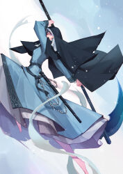 Rule 34 | 1girl, barefoot, cloak, closed mouth, dark souls (series), dark souls iii, dress, from side, full body, habit, highres, holding, holding scythe, holding weapon, hood, jiro (ninetysix), long hair, long sleeves, looking at viewer, multicolored background, nun, scythe, sheath, sister friede, snow, solo, weapon