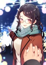 Rule 34 | 1girl, :d, black hair, blue scarf, blurry, blurry background, blurry foreground, blush, braid, crown braid, earrings, foreshortening, glasses, holding hands, highres, jewelry, long sleeves, looking at viewer, nail polish, open mouth, original, pointing, ponita, red nails, ribbed sweater, scarf, smile, sweater