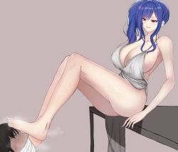 Rule 34 | 1boy, 1girl, aqua nails, azur lane, bare legs, barefoot, black hair, blue hair, breasts, cleavage, collarbone, dress, earrings, faceless, faceless male, feet, foot on another&#039;s face, full body, gag, jewelry, large breasts, legs, lips, long hair, looking at another, looking down, nail polish, neri aisu, official alternate costume, open mouth, purple eyes, sadism, short hair, side ponytail, silver dress, simple background, sitting, sitting on table, smelling feet, smirk, st. louis (azur lane), st. louis (luxurious wheels) (azur lane), sweat, table, teeth, thighs, toenail polish, toenails, toes
