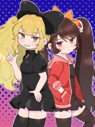 Rule 34 | 2girls, ashley (warioware), black bow, black hair, black thighhighs, blonde hair, bow, claudia (crazy galaxy), commission, commissioner upload, cowboy shot, crazy galaxy, finger gun, full body, grey eyes, grin, hair ornament, hand on own hip, headphones, highres, jacket, long hair, multiple girls, nintendo, official alternate costume, ponytail, red eyes, sidelocks, skeb commission, skull hair ornament, smile, teeth, thighhighs, twintails, very long hair, warioware