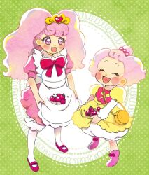 Rule 34 | apron, bloomers, bow, commentary request, dress, food, fruit, go! princess precure, hair ornament, heart on cheek, holding, holding clothes, holding skirt, hoppetoonaka3, kirakira precure a la mode, long hair, mary janes, open mouth, pekorin (precure), pekorin (precure) (human), personification, pink hair, pink skirt, precure, puff (go! princess precure), puff (go! princess precure) (human), purple eyes, shoes, skirt, skirt basket, smile, strawberry, underwear, white bloomers