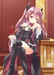 Rule 34 | 10s, 1girl, absurdres, amane mafuyu (artist), bare shoulders, boots, cup, detached sleeves, dress, drinking glass, fang, highres, kapatarou, krul tepes, crossed legs, long hair, looking at viewer, mafuyun, owari no seraph, pink hair, pointy ears, red eyes, smile, solo, thigh boots, thighhighs, two side up, vampire, wine glass