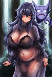 Rule 34 | 1girl, @ @, ahoge, alternate breast size, bags under eyes, belly, black bra, black nails, black panties, blush, bra, breasts, cleavage, commentary request, creatures (company), crossed bangs, dress, exhibitionism, frilled sleeves, frills, furrowed brow, game freak, gen 1 pokemon, hair between eyes, hairband, half-closed eyes, haunter, hex maniac (pokemon), high collar, highres, hikari (komitiookami), lace, lace-trimmed bra, lace-trimmed panties, lace trim, large breasts, long dress, long hair, long sleeves, looking at viewer, messy hair, muffin top, nail polish, navel, nintendo, open mouth, outdoors, panties, plump, pokemon, pokemon (creature), pokemon xy, public indecency, purple dress, purple eyes, purple hair, purple hairband, revision, ribbed sweater, see-through, shiny skin, standing, stomach, string bra, sweat, sweater, teeth, underwear, wavy hair