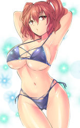 Rule 34 | 1girl, armpits, arms behind head, bikini, blue bikini, breasts, cleavage, commentary request, cowboy shot, groin, hair bobbles, hair ornament, highres, large breasts, looking to the side, multi-strapped bikini, navel, onozuka komachi, parted lips, red eyes, red hair, side-tie bikini bottom, simple background, solo, sparkle background, swimsuit, touhou, twintails, underboob, white background, y2