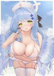 Rule 34 | 1girl, arm under breasts, bandaid, bandaid hair ornament, benetto, bikini, bikini pull, blue archive, blue hair, blue sky, blue wings, blunt ends, blush, border, braid, breast lift, breasts, cleavage, clothes pull, cloud, collarbone, cowboy shot, day, frilled bikini, frills, furrowed brow, garter straps, green eyes, hair ornament, hair ribbon, halo, hand up, hat, head tilt, highres, large breasts, leaning forward, legs together, long hair, looking at viewer, mine (blue archive), nurse cap, open mouth, outside border, pointy ears, pulling own clothes, red ribbon, ribbon, sidelocks, skindentation, sky, smile, solo, straight-on, strap pull, string bikini, swept bangs, swimsuit, teeth, thigh gap, thighhighs, upper teeth only, very long hair, wet, wet clothes, white bikini, white thighhighs, wings