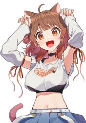 1girl :d ahoge animal_ears belt blue_skirt blush breasts brown_eyes brown_hair cat_ears cat_girl cat_tail commentary_request detached_sleeves gakuen_idolmaster hanami_ume hands_up highres idolmaster kamille_(vcx68) kemonomimi_mode medium_breasts medium_hair midriff navel open_mouth simple_background skirt smile solo tail white_background white_belt white_sleeves