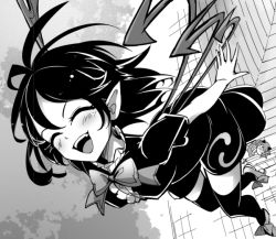 Rule 34 | 2girls, asymmetrical wings, bare arms, bow, dress, fangs, fifiruu, futatsuiwa mamizou, greyscale, houjuu nue, monochrome, multiple girls, open mouth, outdoors, pointy ears, footwear bow, shoes, short dress, short sleeves, smile, solo focus, thighhighs, touhou, wings