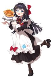 Rule 34 | 1girl, apron, black dress, black footwear, black hair, blue eyes, blush, bow, braid, broken, brown pantyhose, chobi (penguin paradise), collared dress, dress, food, frilled apron, frilled dress, frills, full body, hair bow, hair ornament, heart, heart hair ornament, high heels, highres, juliet sleeves, long hair, long sleeves, maid, maid apron, maid headdress, open mouth, pancake, pancake stack, pantyhose, plate, puffy sleeves, red bow, shirayuki hina, shoes, simple background, solo, standing, standing on one leg, stellive, tray, very long hair, virtual youtuber, white apron, white background