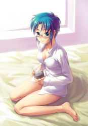 Rule 34 | 00s, 1girl, barefoot, blue eyes, blue hair, breasts, ciel (tsukihime), cleavage, covered erect nipples, feet, glasses, matching hair/eyes, medium breasts, solo, tani, tsukihime
