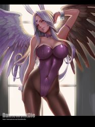 Rule 34 | 1girl, aa megami-sama, animal ears, arm at side, arm behind head, arm up, artist name, asymmetrical wings, backlighting, bare arms, bare shoulders, black pantyhose, bow, bowtie, breasts, cleavage, collarbone, commentary, contrapposto, covered navel, dantewontdie, dark-skinned female, dark skin, detached collar, facial mark, feathered wings, female focus, forehead mark, head tilt, highres, indoors, large breasts, leotard, letterboxed, long hair, looking at viewer, pantyhose, parted lips, patreon username, playboy bunny, purple bow, purple bowtie, purple eyes, purple leotard, purple lips, rabbit ears, solo, standing, strapless, strapless leotard, urd (aa megami-sama), very long hair, watermark, web address, white hair, window, wings, wrist cuffs