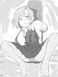 Rule 34 | 1girl, absurdres, akigumo (kancolle), arms behind back, dova, dress shirt, greyscale, hair ribbon, highres, kantai collection, log, long hair, long sleeves, looking at viewer, monochrome, panties, panties under pantyhose, pantyhose, pleated skirt, ponytail, restrained, ribbon, school uniform, shirt, sitting, skirt, solo, spread legs, underwear