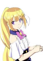 Rule 34 | 1girl, bare shoulders, blonde hair, blouse, bow, bowtie, buttons, closed mouth, double-breasted, from side, hair ornament, high-waist skirt, hoshino meguri, indie virtual youtuber, ishii hisao, long hair, looking at viewer, looking to the side, pink bow, pink bowtie, ponytail, purple eyes, purple skirt, shirt, short sleeves, simple background, skirt, smile, solo, star (symbol), star hair ornament, upper body, virtual youtuber, white background