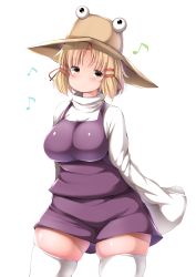 Rule 34 | 1girl, ass, blonde hair, breasts, commentary request, highres, large breasts, looking at viewer, moriya suwako, musical note, shishi juuroku, short hair, simple background, skindentation, smile, solo, thick thighs, thighhighs, thighs, touhou, white background, white thighhighs, yellow eyes