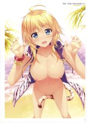 Rule 34 | 1girl, absurdres, ahoge, alpha (yukai na nakamatachi), animal print, bangle, beach, between legs, bikini, blonde hair, blue eyes, blush, bottomless, bracelet, breasts, cat tail, collarbone, convenient censoring, cowboy shot, fang, foreshortening, groin, hair between eyes, hands up, highres, hood, hood down, hooded track jacket, hoodie, jacket, jewelry, large breasts, light particles, long hair, looking at viewer, naked hoodie, navel, nipples, open clothes, open hoodie, open mouth, outdoors, palm tree, paw pose, perspective, puffy nipples, scan, side-tie bikini bottom, sleeveless, sleeveless hoodie, smile, solo, standing, stomach, string bikini, swimsuit, tail, tail censor, tiger print, tiger tail, toranoana, track jacket, tree