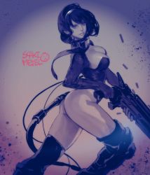 Rule 34 | 1girl, artist name, ass, bad id, bad twitter id, black hair, black legwear, boots, breasts, cable, cleavage cutout, clothing cutout, cowboy shot, finger on trigger, from side, goggles, goggles around neck, gun, hairband, highleg, highleg leotard, highres, holding, holding gun, holding weapon, knee pads, legs apart, leotard, lips, long sleeves, looking at viewer, medium breasts, monochrome, nose, original, rifle, short hair, solo, ssaki metel, thong leotard, weapon