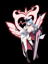 Rule 34 | 1girl, aqua hair, black choker, black footwear, blue eyes, blush, boots, breasts, choker, cleavage, closed mouth, closers, coat, demon horns, demon tail, dress, fake horns, fake tail, gloves, greatsword, halterneck, hand on own hip, hat, highres, holding, holding sword, holding weapon, horns, knee boots, large breasts, leaning forward, long hair, long sleeves, looking at viewer, non-web source, official art, open clothes, open coat, peaked cap, pelvic curtain, short dress, sleeveless, sleeveless dress, smile, solo, spaghetti strap, sword, tail, thigh strap, thighhighs, thighs, very long hair, violet (closers), weapon, white coat, white dress, white gloves, white hat, white thighhighs, wing collar, zettai ryouiki