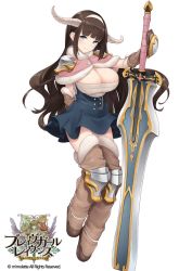 Rule 34 | 1girl, bad id, bad twitter id, blue eyes, brave girl ravens, breasts, brown hair, capelet, cleavage, company connection, copyright name, dress, elbow gloves, f-cla, full body, gloves, highres, horns, huge weapon, image sample, large breasts, long hair, looking at viewer, miruru dize, short dress, smile, solo, sword, thighhighs, weapon, white background