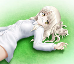 Rule 34 | 00s, 1girl, blonde hair, blush, glasses, grass, long hair, lying, mushoku no hourousha, outdoors, panties, perrine h. clostermann, solo, strike witches, underwear, world witches series, yellow eyes