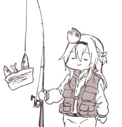 Rule 34 | 10s, 1girl, alternate costume, braid, commentary, doyagao, closed eyes, fish, fish hair ornament, fishing rod, food, french braid, greyscale, hair between eyes, hair ornament, hairband, kantai collection, long hair, long sleeves, monochrome, pie, simple background, smile, smug, solo, takatsuki nato, vest, warspite (kancolle), white background