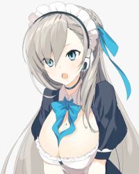 Rule 34 | 1girl, asuna (blue archive), asymmetrical bangs, blue archive, blue bow, blue bowtie, blue eyes, blue ribbon, bow, bowtie, braid, breasts, cleavage, collar, commentary request, detached collar, earpiece, eka eri, grey background, grey hair, hair ribbon, highres, large breasts, looking at viewer, maid headdress, mole, mole on breast, open mouth, puffy short sleeves, puffy sleeves, ribbon, short sleeves, simple background, solo, upper body