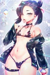 Rule 34 | 1girl, alternate costume, aqua eyes, asymmetrical hair, bare shoulders, bikini, black hair, black jacket, black nails, blush, breasts, cameltoe, choker, cleft of venus, commentary request, creatures (company), dress, game freak, hair ribbon, highres, jacket, looking at viewer, marnie (pokemon), micro bikini, nail polish, nintendo, o-ring, off-shoulder jacket, off shoulder, piercing, pokemon, pokemon swsh, revision, ribbon, silly (marinkomoe), sleeves past wrists, small breasts, solo, swimsuit, tongue, tongue out, tongue piercing, twintails, undercut, uvula