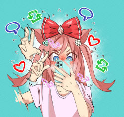 Rule 34 | 1girl, afterimage, agnes digital (umamusume), animal ears, blank speech bubble, blue eyes, blush, bow, cellphone, flying sweatdrops, hair bow, heart, highres, holding, holding phone, horse ears, long hair, phone, pink hair, pink shirt, power (mintlove2020), shirt, smartphone, solo, sound effects, speech bubble, speed lines, sweat, two side up, umamusume, upper body