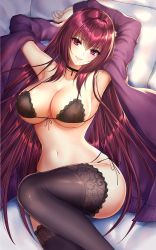 Rule 34 | 1girl, armpits, arms behind head, bad id, bad twitter id, black bra, black panties, black thighhighs, blush, bra, breasts, cardigan, choker, cleavage, fate (series), gem, hair between eyes, head tilt, knee up, lace, lace-trimmed bra, lace-trimmed legwear, lace trim, large breasts, long hair, looking at viewer, lying, mallizmora, navel, off shoulder, on back, open cardigan, open clothes, panties, pillow, purple cardigan, purple hair, red eyes, red gemstone, scathach (fate), side-tie panties, smile, solo, stomach, thighhighs, underboob, underwear, very long hair