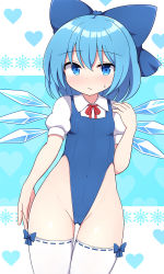 Rule 34 | 1girl, alternate costume, blue background, blue bow, blue eyes, blue hair, blue one-piece swimsuit, blush, bow, bowtie, breasts, cirno, cleft of venus, closed mouth, collared shirt, commentary request, hair between eyes, hand up, heart, highres, ice, ice wings, looking at viewer, one-piece swimsuit, puffy short sleeves, puffy sleeves, red bow, red bowtie, rizento, shirt, short hair, short sleeves, small breasts, snowflakes, solo, standing, sweat, sweatdrop, swimsuit, thighhighs, thighs, touhou, white background, white shirt, white thighhighs, wings