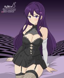 Rule 34 | 1girl, artist name, bed, bed sheet, black bridal gauntlets, black dress, blush, breasts, bridal gauntlets, cleavage, cowboy shot, dress, expressionless, fishnets, goth fashion, gradient background, hair intakes, highres, instagram, instagram username, large breasts, long hair, looking at viewer, matthew pear, off shoulder, purple background, purple eyes, purple hair, signature, sitting, thigh strap, thighs, twitter username, very long hair, white bridal gauntlets, yuri (doki doki literature club)