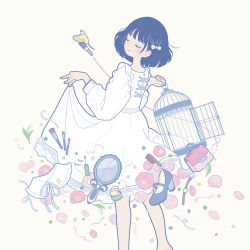 Rule 34 | 1girl, absurdres, birdcage, black hair, bob cut, bow, cage, closed eyes, cosmetics, crack, dress, feet out of frame, flower, hair bow, hand mirror, highres, holding, holding clothes, holding dress, lipstick tube, long sleeves, medium hair, mirror, nail polish, original, pink flower, pink nails, plant, shoes, single shoe, solo, watch, white background, white bow, white theme, wristwatch, yoshimon