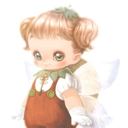 Rule 34 | 10s, 1girl, arms at sides, blush, brown hair, buttons, child, closed mouth, eyelashes, fairy wings, gloves, green eyes, hat, key, long hair, overalls, rilu rilu fairilu, short sleeves, simple background, smile, solo, souri, tomato (fairilu), transparent wings, twintails, white background, white gloves, wings