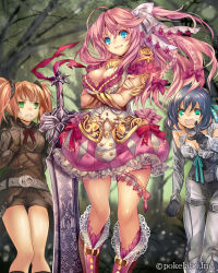 Rule 34 | 3girls, black hair, blue eyes, breasts, brown hair, company name, crossed arms, dress, eikou no guardian battle, frilled dress, frills, green eyes, highres, large breasts, long hair, looking at viewer, madogawa, medium breasts, multiple girls, official art, pink hair, pointing, smile, sword, twintails, wavy mouth, weapon