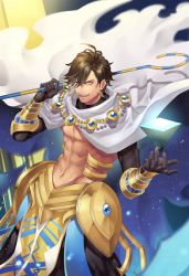 Rule 34 | 1boy, abs, ahoge, bare pectorals, black gloves, brown hair, cape, dark skin, dark-skinned male, egyptian, egyptian clothes, fate/grand order, fate/prototype, fate/prototype: fragments of blue and silver, fate (series), gauntlets, gloves, highres, holding, holding staff, jewelry, kuzen, looking at viewer, male focus, muscular, necklace, open mouth, ozymandias (fate), pectorals, topless male, shrug (clothing), smile, solo, staff, white cape, yellow eyes
