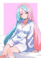 Rule 34 | 1girl, alternate hairstyle, aqua hair, bed, breasts, cleavage, closed mouth, collarbone, collared shirt, creatures (company), flying sweatdrops, game freak, highres, iono (pokemon), kamidan, long hair, long sleeves, medium breasts, multicolored hair, nintendo, on bed, pink eyes, pink hair, pokemon, pokemon sv, see-through, see-through shirt, shirt, sitting, solo, two-tone hair, very long hair, white shirt