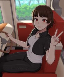 Rule 34 | 1girl, afrobull, blunt bangs, blush, braid, breasts, brown hair, car, collar, commentary, crop top, crown braid, driving, english commentary, highres, jewelry, looking at viewer, medium breasts, motor vehicle, necklace, niijima makoto, persona, persona 5, persona 5 scramble: the phantom strikers, red eyes, short hair, smile, solo, v