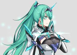 Rule 34 | 1girl, breasts, chest jewel, earrings, gloves, green eyes, green hair, grey background, hand on own chest, highres, jewelry, large breasts, long hair, pneuma (xenoblade), ponytail, sarasadou dan, simple background, solo, spoilers, swept bangs, tiara, upper body, very long hair, xenoblade chronicles (series), xenoblade chronicles 2