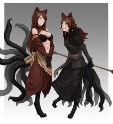 Rule 34 | 2girls, absurdres, animal ears, black dress, brown hair, cat ears, cat feet, cat tail, dress, gloves, green eyes, highres, holding, holding weapon, hood, less, long hair, looking at another, monster girl, multiple girls, multiple tails, ponytail, red dress, smile, staff, standing, tail, weapon