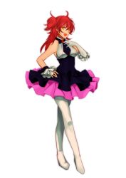 Rule 34 | 00s, 1girl, absurdres, alternate costume, bare shoulders, dress, full body, gundam, gundam 00, highres, long hair, messy hair, necktie, nena trinity, open mouth, red hair, simple background, smile, solo, tagme, two side up, yellow eyes