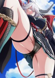 Rule 34 | 1girl, :d, antenna hair, armor, asymmetrical horns, azur lane, black dress, black gloves, black panties, blue sky, breasts, brown sash, cleavage, cloud, commentary request, cowboy shot, day, dress, from below, gloves, groin, hair between eyes, hakuryuu (azur lane), highres, holding, holding sword, holding weapon, horns, huge weapon, japanese armor, large breasts, looking at viewer, makiri akira, mismatched horns, open mouth, panties, partial commentary, pleated dress, sash, short dress, sideboob, sidelocks, silver hair, skindentation, sky, smile, solo, standing, standing on one leg, suneate, sword, teeth, thigh strap, underwear, upper teeth only, upskirt, weapon, white eyes, white sash, wide sleeves