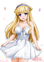 Rule 34 | 1girl, alternate costume, blonde hair, blue eyes, breasts, dated, double bun, dress, fletcher (kancolle), hair bun, hair ornament, hairband, highres, kamiya tadato, kantai collection, large breasts, long hair, looking at viewer, off shoulder, open mouth, petals, smile, solo, star (symbol), twitter username, white background, white dress