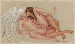 Rule 34 | anal, angel, artist name, artist request, brown hair, kiss, long hair, male focus, male penetrated, nude, penis, sex, testicles, uncensored, white hair, wings, yaoi