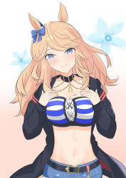 Rule 34 | 1girl, animal ears, arn7, bandeau, belt, black belt, black choker, black jacket, blonde hair, blue bow, blue eyes, blush, bow, choker, commentary request, gold city (umamusume), gradient background, hair bow, hands up, highres, horse ears, jacket, long hair, long sleeves, looking at viewer, navel, open clothes, open jacket, pink background, smile, solo, stomach, strapless, striped bandeau, swept bangs, tube top, umamusume, upper body, very long hair, white background