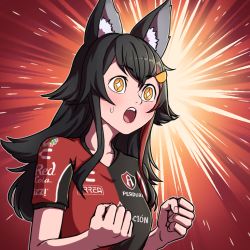 Rule 34 | 1girl, :o, alternate costume, animal ears, atlas fc, black hair, blush, breasts, clenched hands, emphasis lines, excited, hair ornament, hands up, hololive, hololive gamers, liga mx, long hair, looking to the side, medium breasts, mefomefo, multicolored hair, ookami mio, open mouth, shirt, short sleeves, sidelocks, soccer uniform, solo, sparkling eyes, sportswear, streaked hair, sweatdrop, t-shirt, teeth, upper body, upper teeth only, virtual youtuber, wolf ears, wolf girl, yellow eyes
