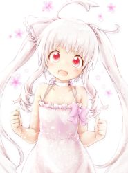 Rule 34 | 1girl, ahoge, akino coto, bare shoulders, bow, child, choker, dress, head tilt, highres, long hair, looking at viewer, open mouth, original, red eyes, solo, twintails, white background, white hair