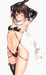Rule 34 | &gt;;), 10s, 1girl, ;), armpits, arms up, bikini, black bikini, black gloves, black hair, breasts, brown eyes, elbow gloves, fishnets, gloves, highres, kantai collection, keita (tundereyuina), looking at viewer, navel, o-ring, o-ring top, one eye closed, scarf, sendai (kancolle), sendai kai ni (kancolle), shiny clothes, simple background, single thighhigh, skindentation, small breasts, smile, solo, swimsuit, thighhighs, v-shaped eyebrows, white background, white scarf
