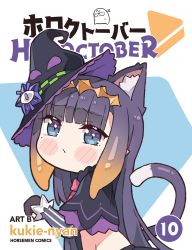 Rule 34 | 1girl, animal ear fluff, animal ears, black capelet, black hair, black hat, blue eyes, blunt bangs, blush stickers, capelet, cat ears, cat girl, cat tail, chibi, commentary, cosplay, cropped shirt, embarrassed, english commentary, extra ears, gradient hair, grey shirt, hat, headpiece, highres, hololive, hololive english, kemonomimi mode, kukie-nyan, long hair, long sleeves, looking at viewer, multicolored hair, murasaki shion, murasaki shion (1st costume), murasaki shion (cosplay), ninomae ina&#039;nis, orange hair, paw pose, pinstripe pattern, pinstripe shirt, pointy ears, purple capelet, purple hair, shirt, sidelocks, solo, straight hair, striped clothes, striped shirt, tail, tentacle hair, tilted headwear, vertical-striped clothes, vertical-striped shirt, very long hair, virtual youtuber, witch, witch hat