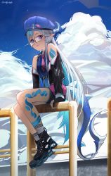 Rule 34 | 1boy, absurdres, arm tattoo, bare shoulders, belt, black jacket, black shorts, blue eyes, blue hair, blue hat, blue sky, closed mouth, cloud, commentary, commission, english commentary, fingerless gloves, fins, fish tail, glasses, gloves, hat, highres, indie virtual youtuber, jacket, leg tattoo, long hair, long sleeves, lufi ays, male focus, multicolored hair, necktie, pointy ears, second-party source, shark tail, short shorts, shorts, sitting, sky, socks, solo, tail, tattoo, trap, valtameri via, virtual youtuber, white hair